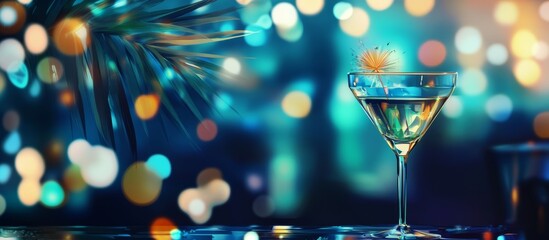 Tropical cocktail glowing with sparkler on blurred party background