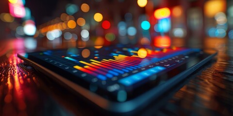 Digital tablets displaying colorful financial graphs and data analytics in a modern, high-tech environment