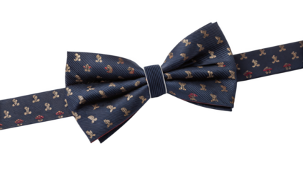 Classic navy bow tie with gold embroidered patterns, isolated on a transparent background. Ideal for formalwear promotions, luxury fashion branding, or special occasion marketing campaigns.