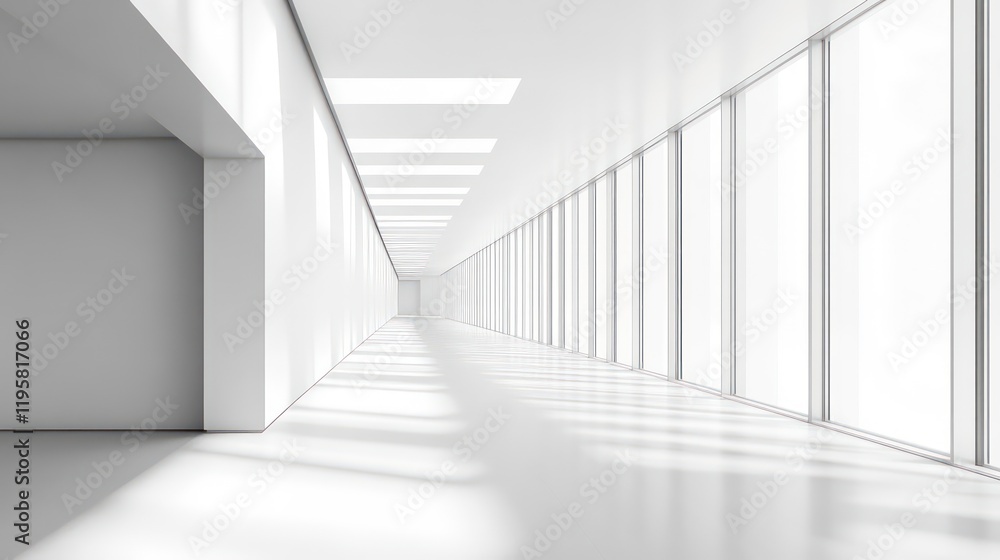 Poster Modern minimalist white hallway with large windows and sunlight streaming through.
