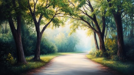 Fototapeta premium Serene Forest Pathway Surrounded by Lush Greenery and Gentle Morning Light