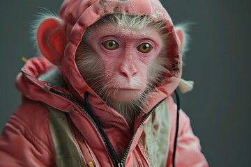 Monkey wearing trendy pink winter clothes looking fashionable