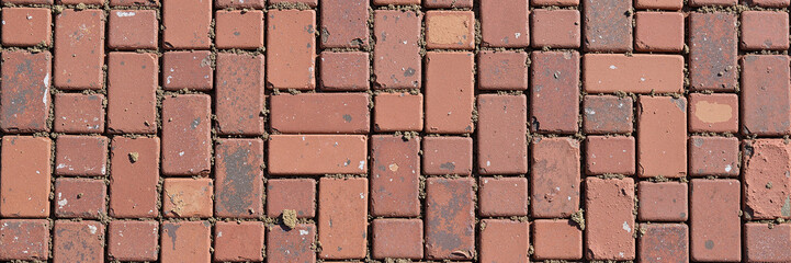 Obraz premium Red brick pavement with sand-filled gaps in a herringbone pattern 