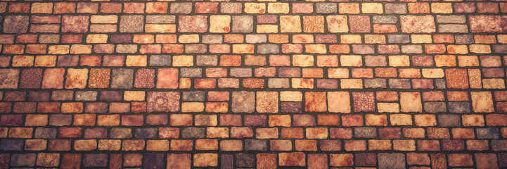 Rustic multicolored stone wall with irregular brick pattern
