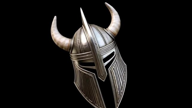 Detailed 3D Render of a Viking Helmet with Horns, Silver and Dark Metal Texture, Isolated on Black Background