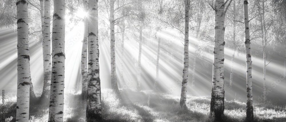 Aufkleber sunlight filtering through fog in a serene birch forest at dawn