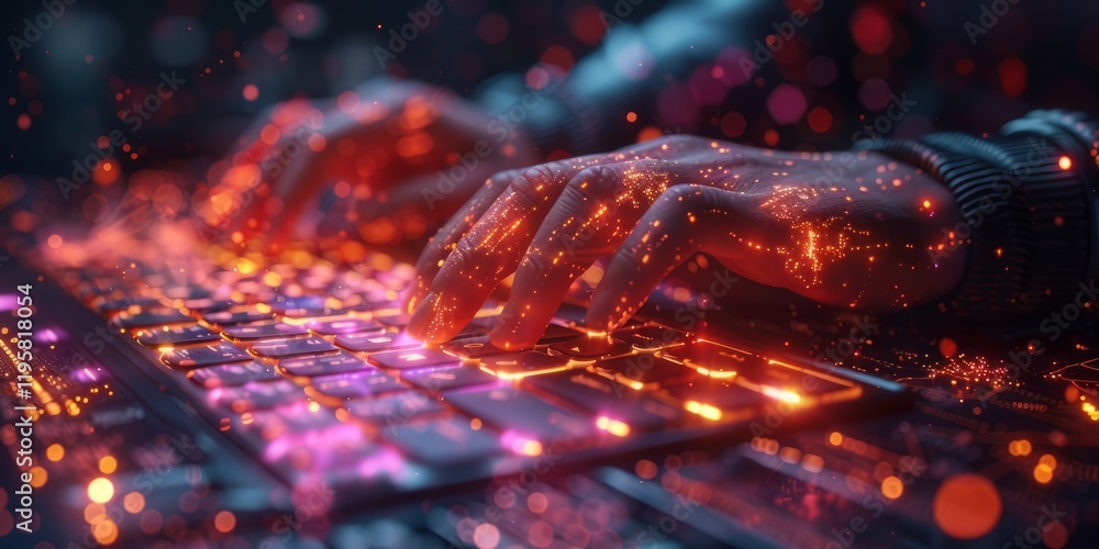 Poster hands typing on an illuminated keyboard with glowing digital particles and futuristic holographic ef