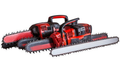 Fototapeta premium Powerful Red Chainsaws Forestry Equipment Woodcutting Tools