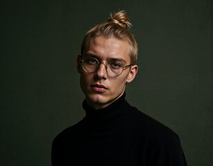 Obraz premium Modern Portrait of a Thoughtful Man with a Loose Bun and Round Glasses