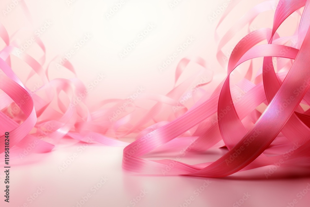 Poster pink ribbons are creating abstract shapes on a reflective surface with a soft pink light