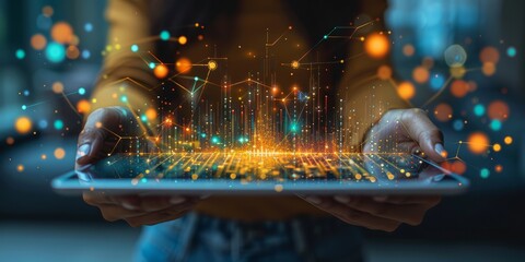 Hands holding a tablet with glowing futuristic data visualizations, holographic graphs, and digital network connections
