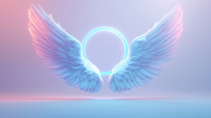 Fototapeta premium Celestial White Angel Wings with Halo in Ethereal Blue Sky, 神秘的な青い空に浮かぶ白い天使の翼と光輪.Generative AI