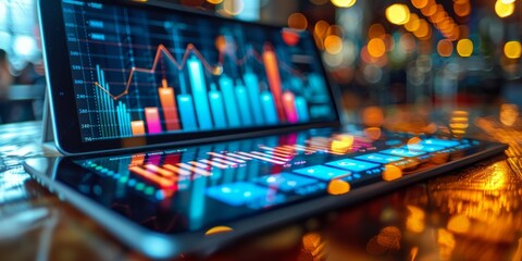 Digital tablets displaying colorful financial data charts and analytics with glowing graphs in a modern, high-tech environment
