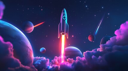 Flying space rocket in space around the planets. Spaceship launch. Rocket 3d icon. Realistic creative conceptual symbols. Logo ship. Launch business product on market. Vector illustration