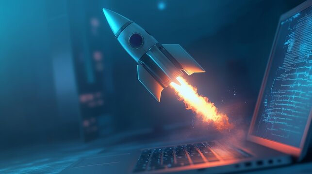Start up launch 3d rendered icon vector. rocket, launch, laptop vector