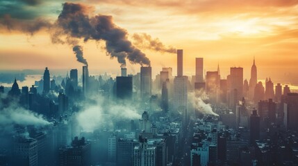 Fototapeta premium Smoky Cityscape at Sunrise Golden Hues Over Skyscrapers