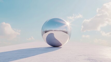 Abstract white installation with a sphere rolling on curved lane with soft shadows, 3d rendering illustration