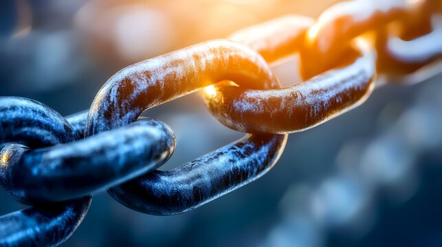 Strong metal chain links close-up, sunlit, blurred background, connection concept