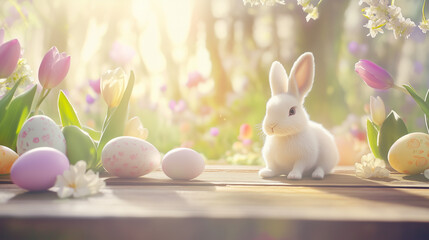 White bunny with Easter eggs and tulips