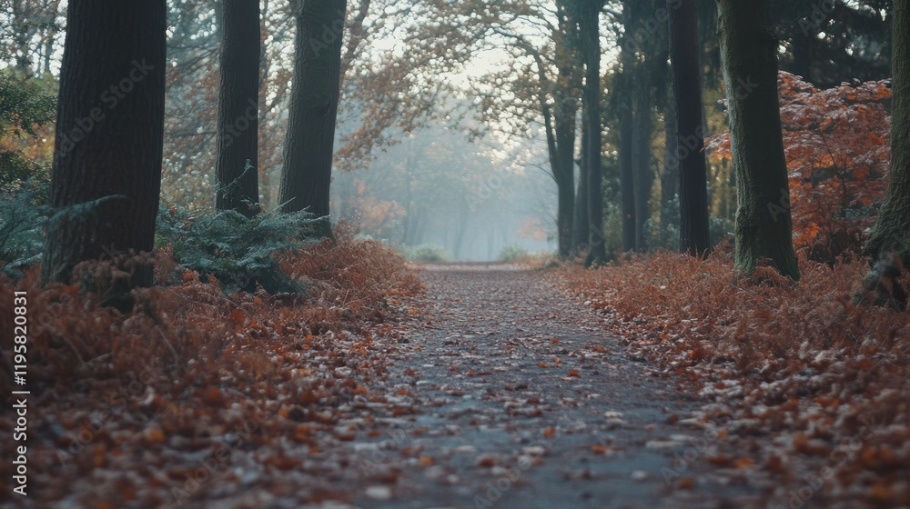 Aufkleber autumnal path through misty forest trees
