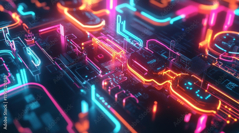 Poster abstract neon circuit board glowing lines design