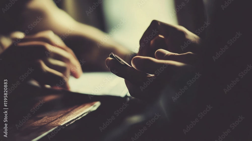 Poster hands using a smartphone together in low light