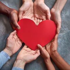 Vue de dessus de personnes multiethniques tenant des mains en forme de cœur en papier rouge. Groupe de personnes debout en cercle, promouvant l'unité, l'amour et le soutien à la Journée mondiale du do