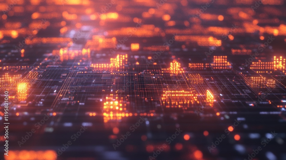 Poster abstract digital circuitry glowing orange light network
