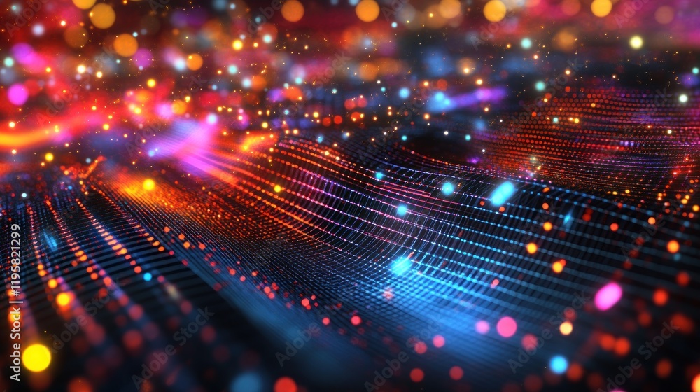 Poster abstract digital wave with colorful lights and particles