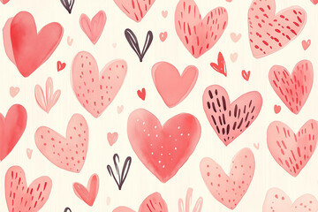 A watercolor painting of hearts in various sizes and colors