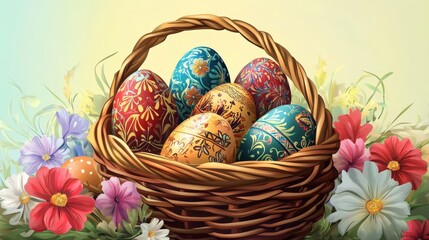 "A wicker basket filled with intricately decorated Easter eggs is placed among a vibrant array of blooming flowers in a garden. The colorful eggs and flowers create a festive and lively scene."