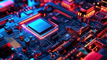 Obraz premium Illuminated Computer Motherboard Central Processing Unit