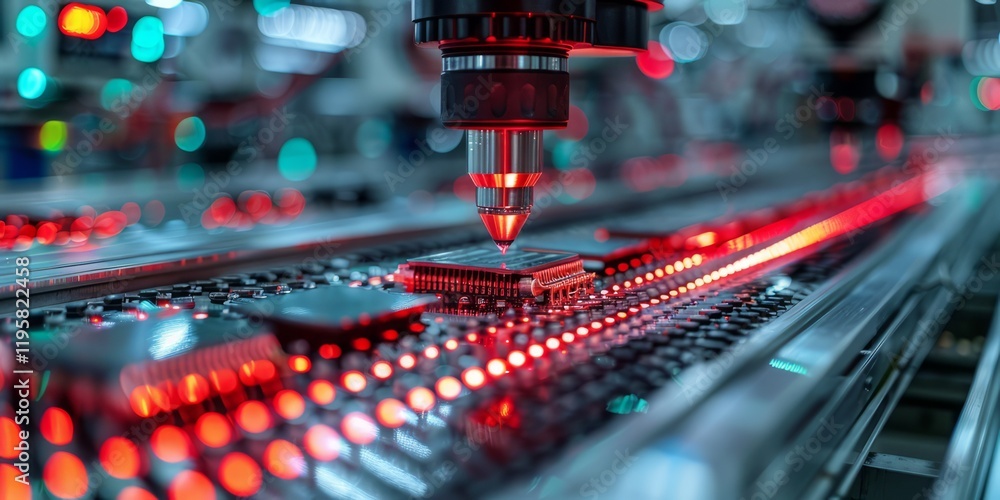 Poster close-up of a robotic arm assembling microchips on a circuit board in a high-tech manufacturing faci