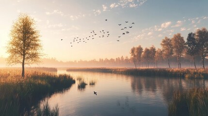 Obraz premium Serene Autumn River Landscape With Birds In Flight