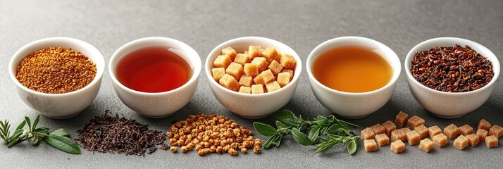 Assorted Teas Sugars And Herbs Arranged In Rows