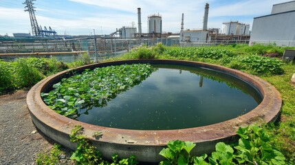 Large biofiltration pond blends nature with industry under clear skies