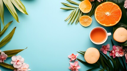 Tropical fruit, tea, flowers, flatlay, blue background, wellness ad