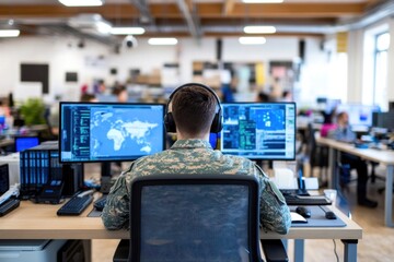 Military personnel analyze digital terrain maps and tactical screens in an active command center