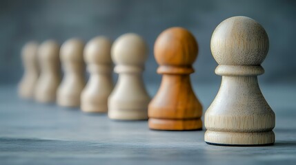 Fototapeta premium Unique pawn leads white chess pieces on grey background
