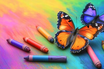 Bright pastel crayons with abstract rainbow pattern and colorful butterflies.