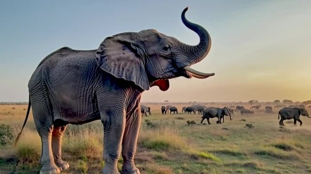 A majestic elephant raising its trunk to the sky, calling out to its herd in the distance during a quiet morning in the savanna.