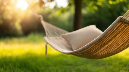 nature retreat, a peaceful haven in a sun-drenched meadow, a hammock gently sways between trees, inviting tranquil moments and connection with nature