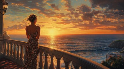 Fototapeta premium Beautiful woman in dress standing and enjoying the large balcony on sunset with sea view. Back view