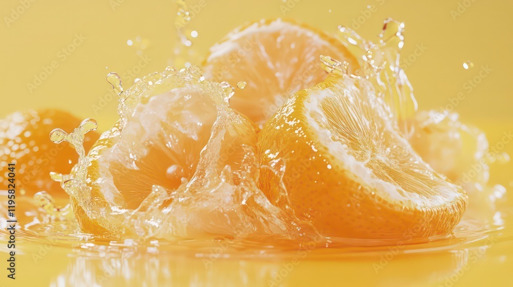 Poster sliced citrus fruits splashing in juice.