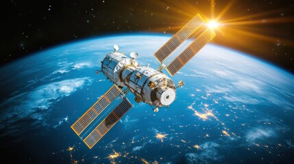 Obraz premium Spacecraft orbiting Earth during sunrise with solar panels deployed