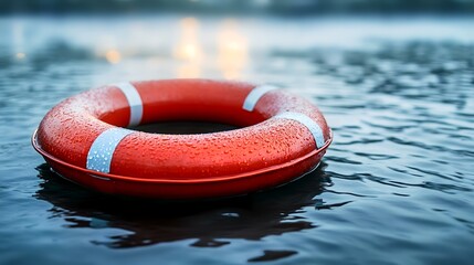 Wet life preserver floats on water, city lights blurred background; safety, rescue concept