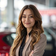 Fototapeta premium A woman standing in front of a red car in a showroom