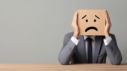 Person in Gray Suit Holds Wooden Box with Sad Face While Expressing Emotion at Desk in Minimalist Workspace