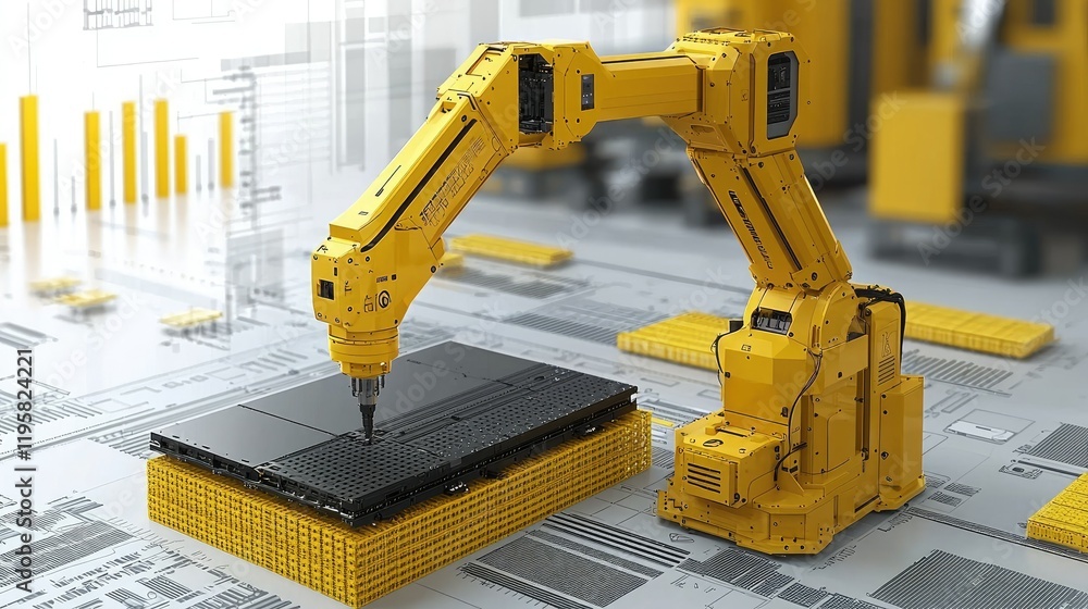 Poster yellow robotic arm assembling a technological component
