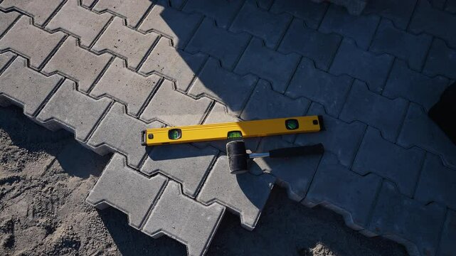 Level and Mallet on Paving Slabs